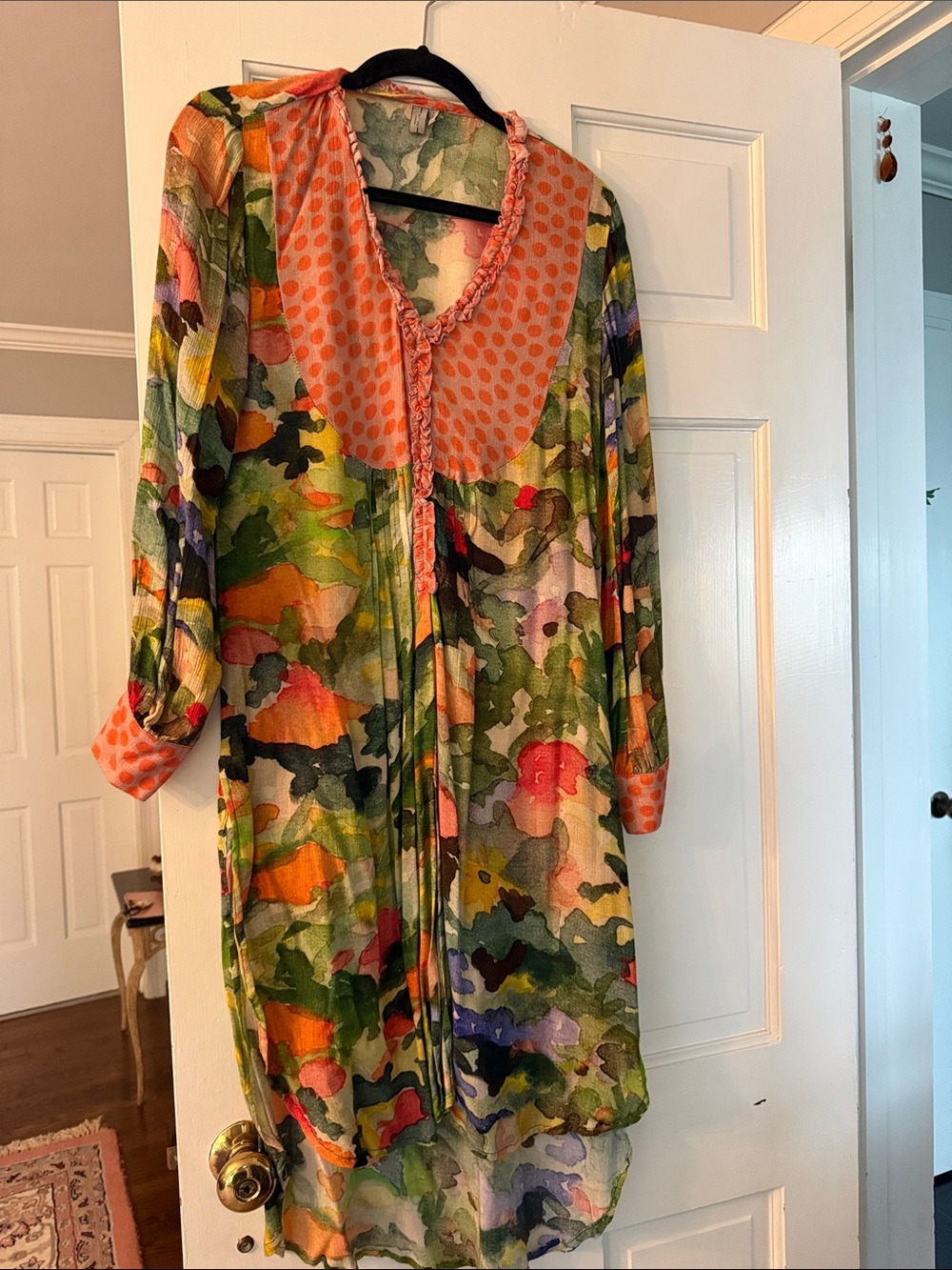 Watercolor Floral Tie-Front Long Sleeve Dress in Orange and Green